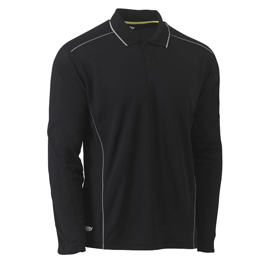 Bisley BK6425 Reflective Piping Cool Mesh Polo Shirt Long Sleeve Black Front