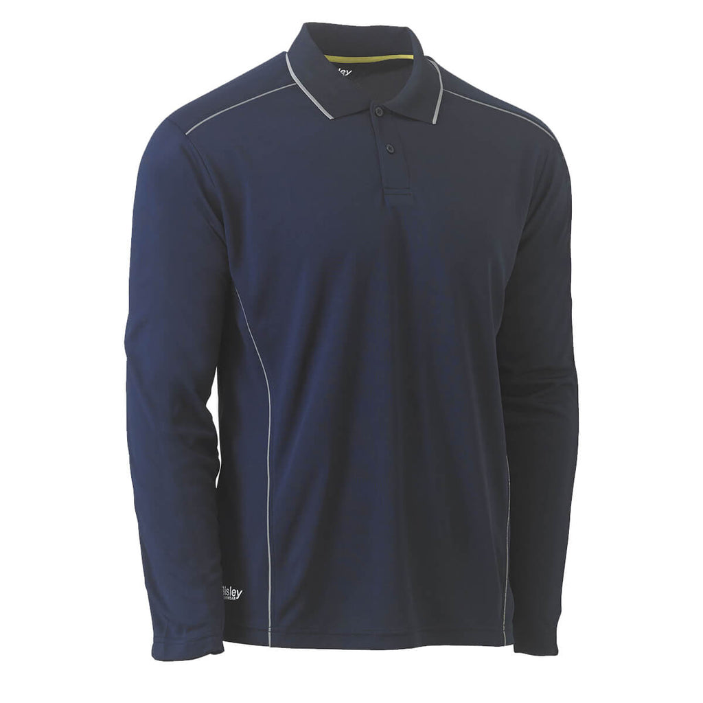 Bisley BK6425 Reflective Piping Cool Mesh Polo Shirt Long Sleeve Navy Front