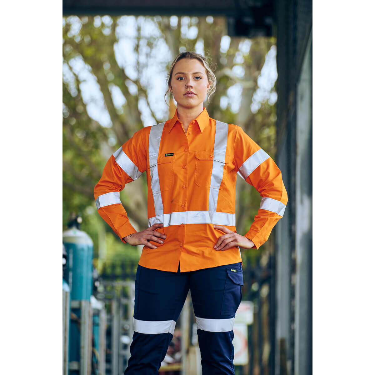 Bisley BL6266XT Ladies Hi-Vis X-Taped Recycled Drill Shirt Orange