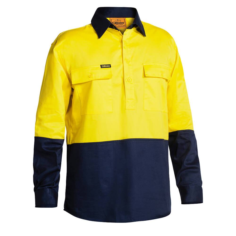 Bisley Hi Vis Closed Front Cotton Drill Shirt Long Sleeve Yellow