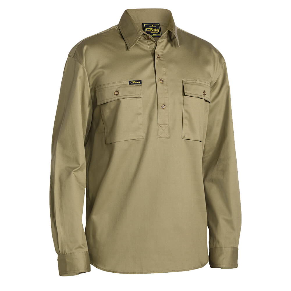 Bisley Closed Front Cotton Drill Shirt Long Sleeve Khaki